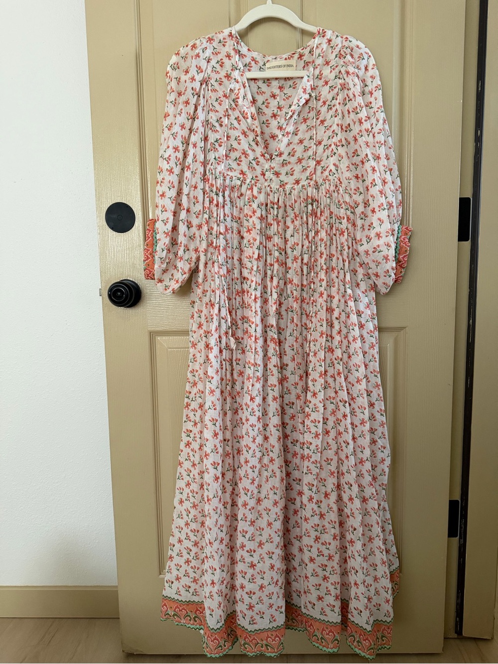 Daughters of India White Maxi Dress with Coral Floral Print